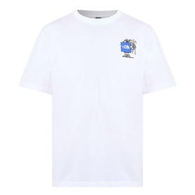 North Face white crew neck T-shirt with small blue globe graphic print on chest, 100% cotton
