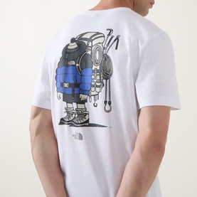Model wearing North Face white crew neck T-shirt, back view showing mountaineering graphic print with backpack and climbing gear illustration.