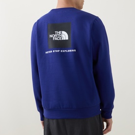 Model wearing North Face Bold Blue crew neck sweatshirt, back view showing branded box logo graphic print