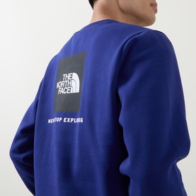 Model wearing North Face Bold Blue sweatshirt, rear view showing graphic box logo print on back