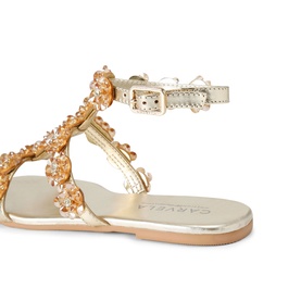 Carvela gold flat sandals with crystal and pearl embellishments, ankle strap with buckle fastening, flat sole