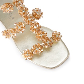 Carvela gold flat sandal with clustered crystal and bead embellishment across straps, square toe, metallic insole