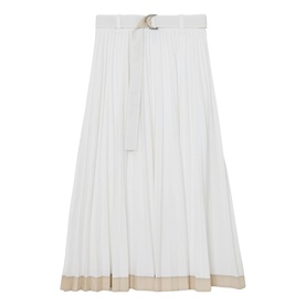 Reiss white pleated midi skirt with beige contrast hem border and matching D-ring self-belt