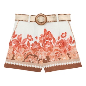 Reiss pink print floral shorts with brown border, woven circular belt, and lace-trim hem detail