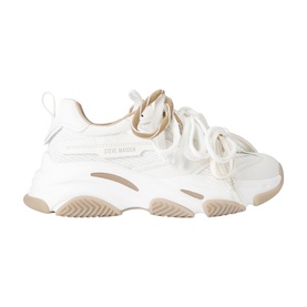 Steve Madden chunky trainers in white and beige with gold-tone ring detail, mixed materials, and cream-toned platform sole