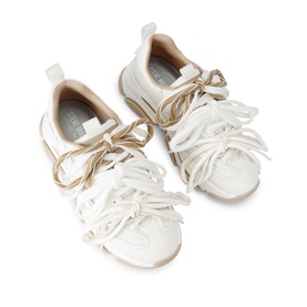 White and gold chunky lace-up trainers with exaggerated fringe lacing, leather upper, and cream rubber sole, shown from above