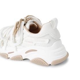 White and beige chunky trainers with mesh panels, leather-look overlays, branded heel tab, and translucent beige chunky sole
