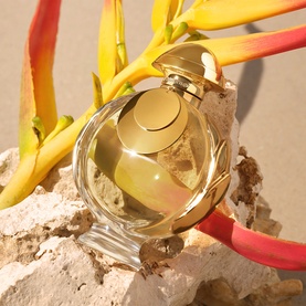 Paco Rabanne Olymp&eacute;a Elixir Eau de Parfum Intense, spherical glass bottle with gold cap, styled on stone with tropical foliage