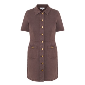 Paige Rich Chocolate cotton mini shirt dress with gold buttons, short sleeves, and front patch pockets with chain detail