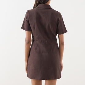 Model wearing Paige Rich Chocolate mini shirt dress, short sleeves, collar neck, back view, cotton blend fabric