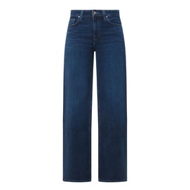 Paige straight-leg jeans in Basillica dark blue denim, high-rise waist, wide leg, five-pocket styling, flat lay view