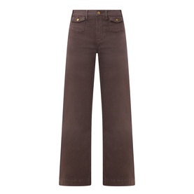 Paige Wide Leg Jeans in Rich Chocolate, high-rise with wide leg silhouette, gold-tone pocket buttons, 98% cotton denim