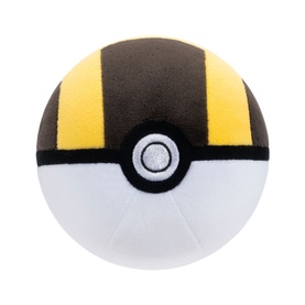 Pok&eacute;mon Ultra Ball plush toy in dark brown, yellow and white, with embroidered centre button detail