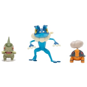 Pokemon set of 3 battle figure toys including Froakie, Axew and Geodude characters in blue, green and grey