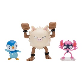Pok&eacute;mon set of three battle figures including Piplup, Primeape, and Sneasler in blue, cream, and pink tones