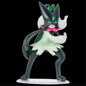 Pok&eacute;mon figurine featuring a dark-coloured character with green accents and white flowing detail, in dynamic battle pose