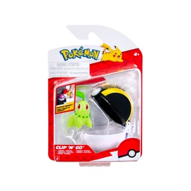 Pok&eacute;mon Clip 'N' Go toy set featuring Chikorita figure and black and yellow Luxury Ball in packaging.