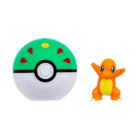 Pok&eacute;mon Clip 'N' Go Pok&eacute; Ball set with Charmander orange figure and green Friend Ball, shown together