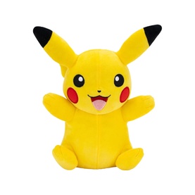 Pok&eacute;mon Pikachu plush toy in yellow with black-tipped ears, red cheeks, and smiling expression, medium size, seated pose