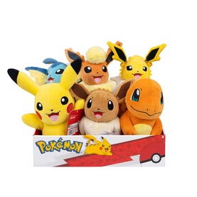 Pokemon assorted plush toys including Pikachu, Eevee, Charmander, Jolteon and Mudkip, displayed in branded box, set of 6