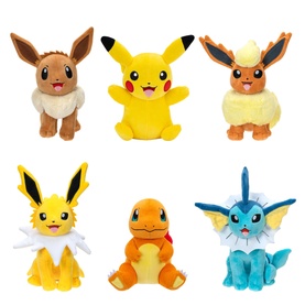 Set of six Pok&eacute;mon plush toys including Pikachu, Eevee, Flareon, Jolteon, Charmander and Vaporeon in assorted colours