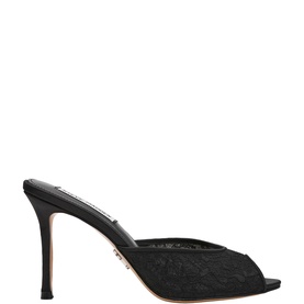 Steve Madden black lace peep-toe mule with stiletto heel and satin trim, side profile view