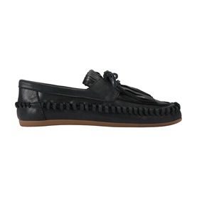 Black leather loafer with tassel and fringe detail, whipstitch moccasin sole, and tan outsole