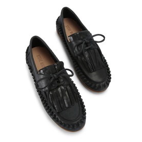 Black leather loafers with fringe tassel detail, lace-up front, and whipstitch sole edging, shown from above
