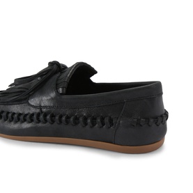 Black leather loafer with fringe tassel detail, woven edge trim, and tan rubber sole, angled rear view