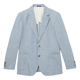 Reiss soft blue linen-blend single-breasted blazer with notch lapels, patch pockets, and gold buttons