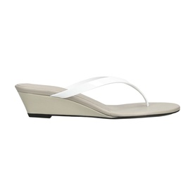 Christopher Esber white leather thong wedge sandals with cream square footbed and low wedge heel, black rubber sole