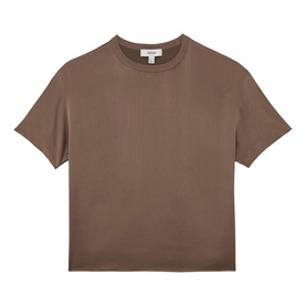 Reiss taupe brown short-sleeve crew neck knit top with ribbed trim, flat lay product shot