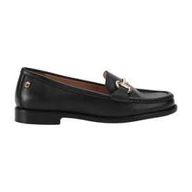Black leather loafer with gold-tone horsebit hardware detail, moccasin toe stitch, and flat rubber sole