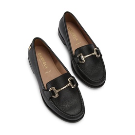 Black leather loafers with gold-tone horsebit hardware and tan leather lining, flat sole
