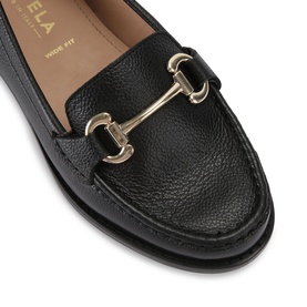 Black pebbled leather loafer with gold-tone horsebit hardware detail and chunky black sole, close-up view