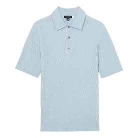 Reiss soft blue textured knit polo shirt with short sleeves and three-button placket