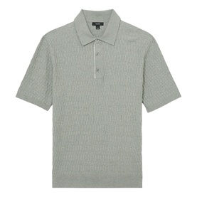 Reiss soft sage short-sleeve knitted polo shirt with textured pattern and three-button placket