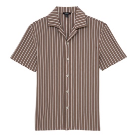 Reiss brown short-sleeve camp collar shirt with white vertical pinstripes and button-front fastening