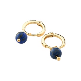 Juvi gold hoop earrings with dangling blue lapis lazuli ball charms, yellow gold tone hardware