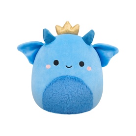 Squishmallows blue dragon plush toy with gold crown, rosy cheeks, and soft belly texture, small to medium size