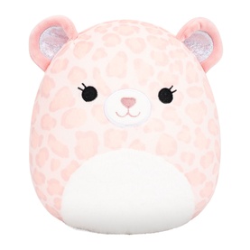 Squishmallows pink leopard-print bear plush toy with white belly, glitter ears, and long lashes, medium size