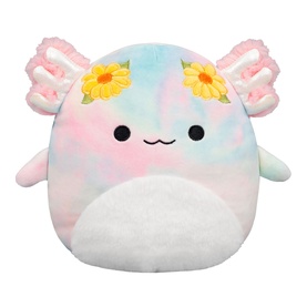 Squishmallows pastel tie-dye axolotl plush toy with pink gills, yellow flower crown detail and white belly