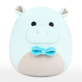Squishmallows mint green hippo plush soft toy with grey belly and blue bow tie detail, medium size