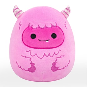 Squishmallows pink monster plush toy with striped horns, fluffy chest, and small fangs, medium size