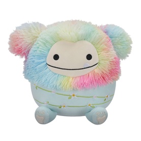 Squishmallows plush soft toy with rainbow fluffy mane, pale blue body, and small bear-ear details, medium size