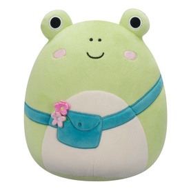 Squishmallows green frog plush soft toy with cream belly, teal fanny pack with pink flower detail and rosy cheeks