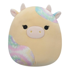 Squishmallows soft plush cow toy in yellow with pastel tie-dye belly, eyelashes, and pink nose. Medium-sized squishable design.