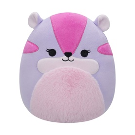 Squishmallows purple and pink flying squirrel plush toy with fluffy pink belly, rosy cheeks, and soft rounded design