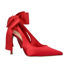 Steve Madden red satin pointed-toe stiletto heel with oversized bow ankle tie detail and open back