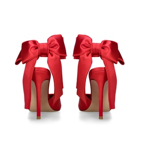 Steve Madden red satin stiletto heels with oversized bow detail at back, gold-tone heel tip, viewed from rear